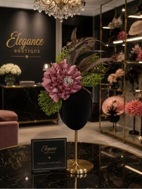Dusty Pink Floral Feather Fascinator with Green Accents